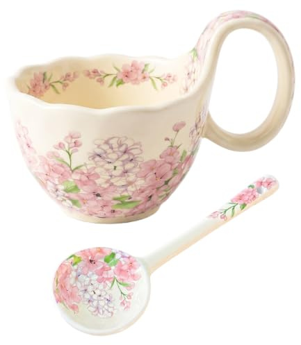 Neptuiby Soppskålar med handtag, keramisk blommig soppkopp med matchande sked, perfekt för havregryn, grytor och annat