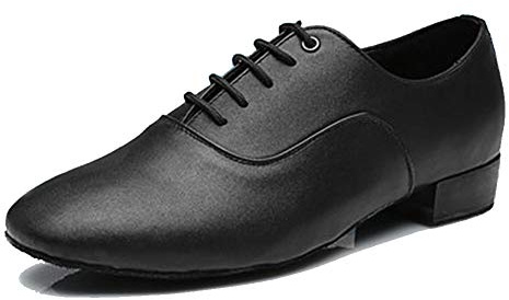 HROYL Men's Standard Latin/Jazz Dance Shoes Leather lace-up Ballroom W-707B-Black,US 5.5