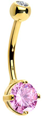 OUFER - Piercing per ombelico in oro massiccio 14 G, 14 K, con zirconia cubica rotonda, per ombelico