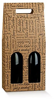 10 cajas para 2 botellas de vino verticales modelo bordolés, borgonota, robustas estrenas navideñas cartón acoplado y asa exterior habana con frases 18 x 9 x 38,5 cm (altura) - 2 WORDS