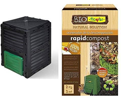 Vounot Compostador Jardin 300L, Compostera Organica, Negro + Flowe - Acelerador De La Descomposición, Compost Orgánico, 2 Kg