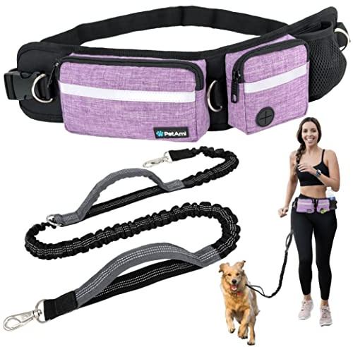 PetAmi Hands Free Dog Leash, Running Leash Belt Bag for Walking, Jogging, Waist Double Zipper Pouch with Poop Dispenser, Dual Padded Handles Reflective Bungee Single, Purple, 1 Leash