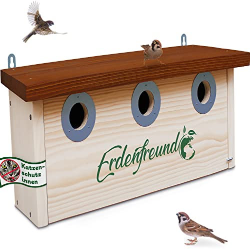 ERDENFREUND® Spatzen Nistkasten Marder-/Katzenschutz räubersicherer Brutkasten für Vögel pickfester Metall-Spechtschutz rostfrei 3er Spatzenhaus 34 mm (Kolonie Nistkasten Sperling 3 Nisträume)