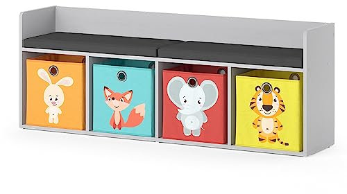 Vicco Kindersitzbank Weiß Luigi 4 Fächer, mit Faltboxen bunt - 142x53x31 cm gefertigt aus Spanplatte - Spielzeugschrank ideal fürs Kinderzimmer, für eine einfache und Funktionelle Lagerung