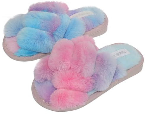 Womens & Girls Slippers Ladies Fluffy Plush House Slippers Cozy Open Toe Faux Fur Sliders for Girls Warm Sandals Indoor Winter