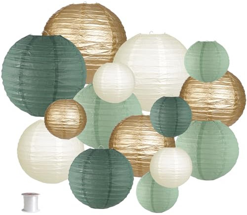 Lanterne di carta decorative, lanterne di carta rotonde da appendere, decorazioni per feste rustiche, addio al nubilato, matrimoni, verde salvia, forniture per feste di compleanno, oro/avorio/verde