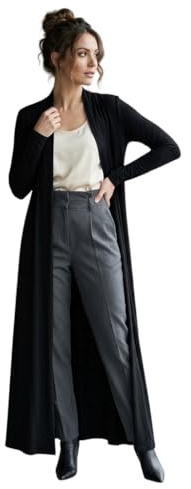LUXFAB Women’s Plus Size Maxi Long Cardigan UK | Floaty Full Sleeve Open Front Coatigan | Lightweight Collared Duster Jacket | Ladies Longline Cover Up Sizes 8-26 Black