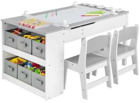 DREAMADE 3 in 1 Kindertisch mit 2 Stühlen aus Holz, Kinder Maltisch mit kippbarer Tischplatte & 6 Stoffboxen & Papierrolle, Kindersitzgruppe mit Stauraum für Kinderzimmer (Grau,mit 2 Ablagen)