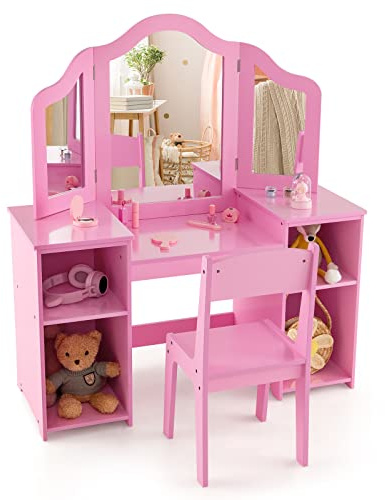 GOPLUS 2 en 1 Tocador Niña con Silla, Tocador Infantil de Princesa con Espejo Extraíble, Mesa de Maquillaje Cosmética de Madera, 4 Cajones de Almacenamiento
