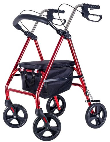 Rollator in Alluminio Pieghevole,deambulatore per anziani,deambulatore da esterno,Girello con seduta e 4 ruote,Altezza regolabile,Per esterno e interno red