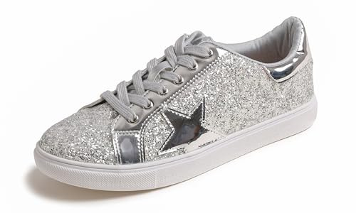 Feversole dammode snörning klänning sneakers glittrande fest glänsande skor stjärna glitter, Is silver glitter stjärna snörning 1405, 40 EU