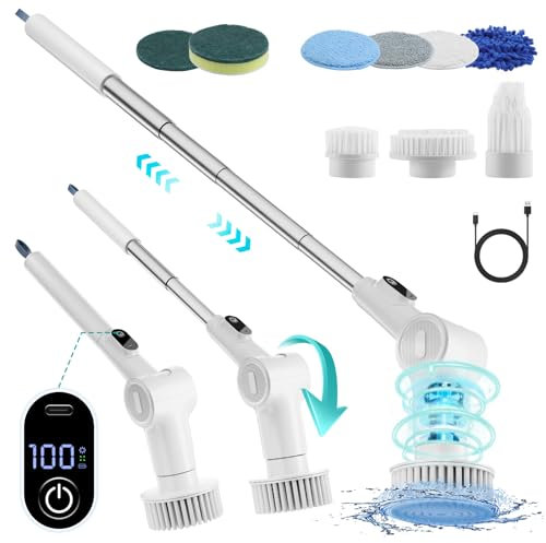 Fregadora Giratoria Eléctrica, UltraBrush 600 Cepillo de Limpieza Inalámbrico con Velocidades Ajustables hasta 520 RPM y 6 Ángulos Regulables, Mango de Longitud Ajustable para Baño y Suelos