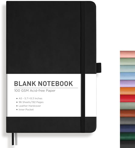 RETTACY Dotted Journal, A5 Dotted Notebook 192 Pages for Women Men Work Office School, 100 GSM Thick Paper, Leather Hardcover, Pen Holder, Bookmark, Inner Pocket and Banded, 14.8X21 cm - Black