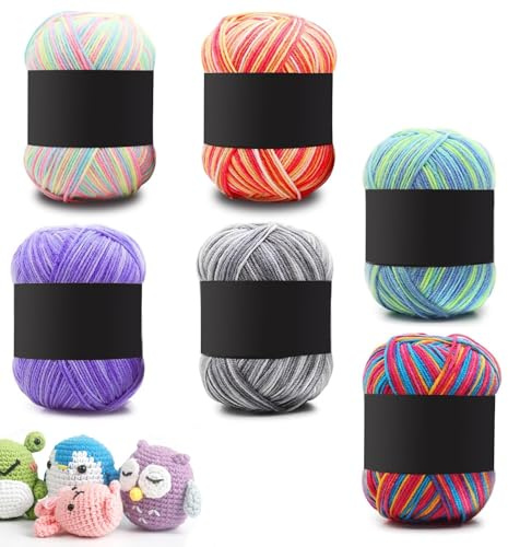 Fil à Crochet, Fil Acrylique à Tricoter, 6 Pièces de 50g de Fil à Tricoter à la Main en Coton, Set de Fils Doux Multicolores pour le Crochet et L'artisanat D'art DIY, 6 Couleurs de Dégradé Mélangées