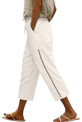 CMTOP Pantalon Lin Femme Décontracté 3/4 Pantalons de Loisirs avec des Poches Pantalons en Tissu Femme été Confortable Pantalon de Plage