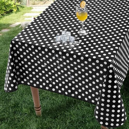 Romanstil vaxduk svart med prickar 140 x 180 cm utomhus bordsduk 350 GSM PVC trädgårdsduk med kanter väderbeständig plastduk för bröllop, födelsedagsfest fest, vår, sommar