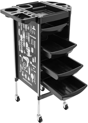TESUGN Chariot de salon avec 4 tiroirs extensibles - Chariot de travail - Chariot de salon avec roues - Pour styliste, coiffeur, spa - Noir