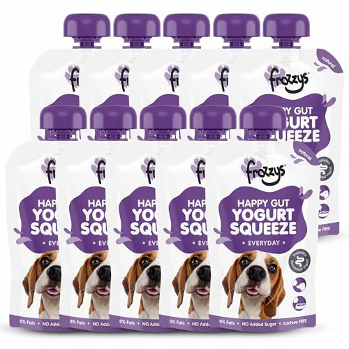 Frozzys Yogurt Squeeze - Fermented Yoghurt with Prebiotics for Dogs - Lactose Free, 0% Fat, No Added Sugar. Lickable, Squeezable, Freezable Dog Treat. Natural Everyday - 10x 115g Pouches