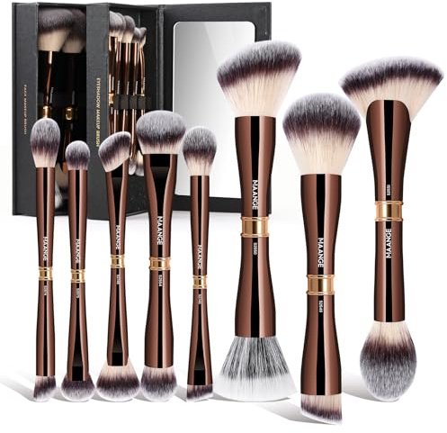 MAANGE Makeup Brush Set with Mirror Double-ended Kabuki Makeup Brushes For Foundation Contour Liquid Powder Concealer Eye Shadows Cream Cosmetics Blending Blush Makeup Tools (Coffee Brown, 8 PCS)