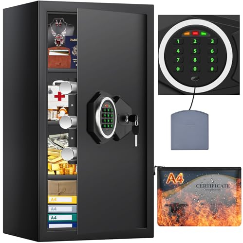 Grande cassaforte per la casa, impermeabile, con borsa ignifuga A4 e tastiera retroilluminata, 70,5 l, antifurto, ignifugo, con 3 ripiani rimovibili e modalità sveglia, cassaforte antincendio per