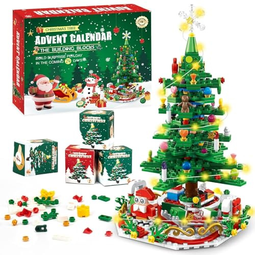 Calendrier de l'Avent 2025 Enfant, 24 Jours à Rebours Calendriers de l'avent avec Train de Noël Blocs, Jouet Cadeau de Noel pour enfants de 3 à 12 ans et plus, Décoration de Noël (701PCS)