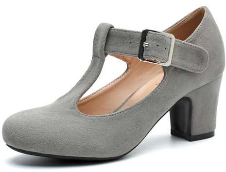 Women's T-Strap Mary Jane Pumps Low Block Chunky Heels Closed Round Toe Ankle Strap Wedding Evening Party Dress Office Work Shoes, Grey Suede, 4.5 UK