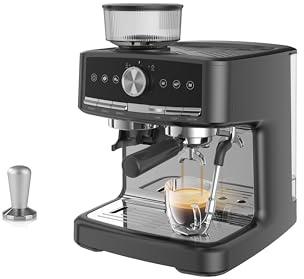 RBFGYIOP Macchina da Caffè Espresso Semiautomatica a Pressione in Plastica - 15 Bar con Macinacaffè Integrato 30 Livelli, Montalatte, Portafiltro 58mm, Serbatoio 1.5L Nero