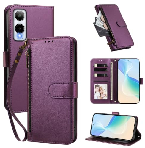 Telefonfodral Kompatibel med Cricket Icon 6 (SL219C),Kompatibel med AT&T Verge (SL219A)【Plånbok med dragkedja och handledsrem Kortfack Uppfällbart stativ】Violet
