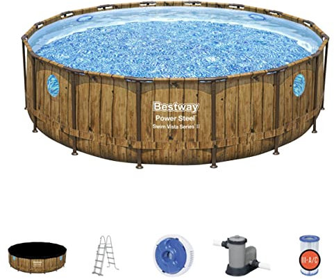 Bestway Power Steel Swim Vista Pool Set, Family Swimming Pool with Windows, Rattan Print Garden Pool with Filter Pump, Ladder, Pool Cover and ChemConnect Dispenser 16ft, Grey