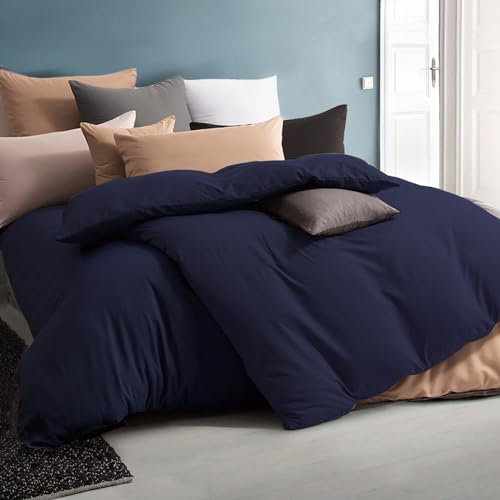 Soifox Bettwäsche 135x200 4teilig Marineblau bettwäsche-Sets aus Mikrofaser bügelfrei & knitterfrei - Bettbezug 2er Set + Kissenbezug 2er Set 80x80 mit Reißverschluss