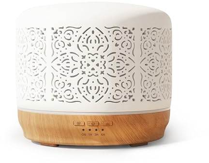 Earnest Living Diffuseur d'huiles essentielles en céramique Blanche - 500 ML - Minuteurs et Fonction arrêt Automatique - Humidificateur d'aromathérapie pour huiles essentielles
