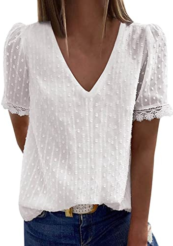 Loalirando Camicia Donna con Manica Corta in Pizzo Blusa Elegante T Shirt con Scollo V Sexy Camicetta Estiva Casual Top Maglietta Donna Eleganti (Bianco, S)