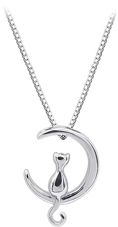 NyxSeat 1 måne-katthalsband med 1 svart smyckeskrin, 3D-kristall-katthalsband, damdjurhalsband, damflickor-smycken, lämpligt för vardagen, fest (silver)., Sterlingsilver