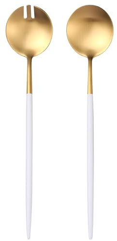 Lemeya White Gold Salad Serving Utensils,Serving Spoons Stainless Steel,2Pcs Long Handle Salad Servers 11.42 Inch,Salad Utensils for Serving,Matte Finish,Dishwasher Safe