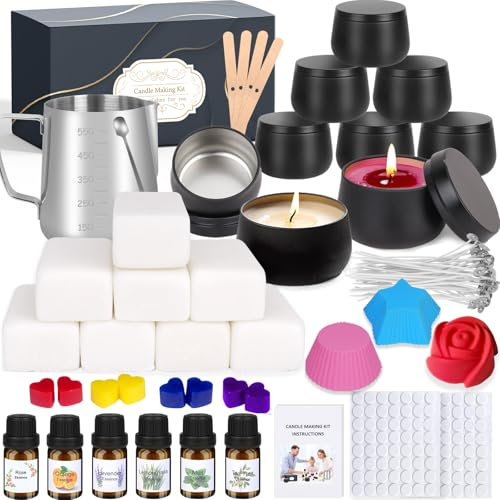 Kerzen Selber Machen Kerzenherstellung Zubehör, 9 Duftkerzen Geschenke Set mit 6 Ätherisches Öl,Einschließlich Kerzen Gießen Set,Dochte Aufkleber und Rührlöffel, Sojawachs 480g für DIY Kerze Kit