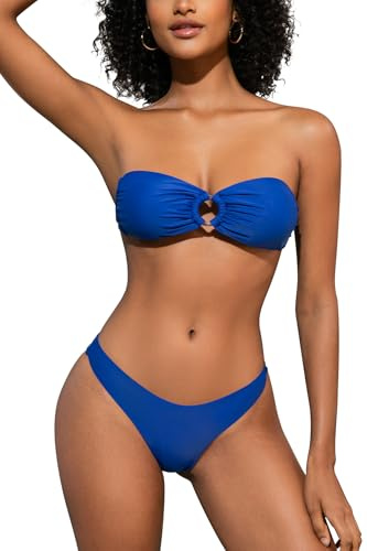 SHEKINI Maillot de bain 2 pièces pour femme avec bandeau sans bretelles et bas sexy à coupe haute pour la plage, Rayal Blue, XS