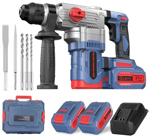 Martillo Perforador a Batería 2 * 4Ah, Martillo Percutor, Martillo de Demolición, Taladro de Martillo, 2.3J Energía de Impacto, 1300W, SDS Plus, 4 Funcione, 1200RPM, Motor sin Escobilla