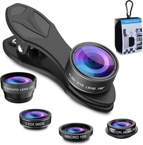 Mobile Phone Camera Lenses 5 en 1,Lente para Camara de movil,0,63 X y Objetivo Macro 15X + Lente Ojo de pez de 198°/CPL, para iPhone Samsung y la mayoría de los teléfonos Inteligentes