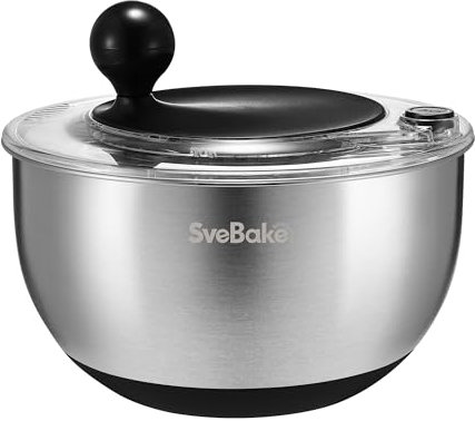 SveBake Essoreuse à Salade en Acier Inoxydable, 5L Spinner à Salade avec Bouton Stop, Base Antidérapante, Passe au Lave-Vaisselle, sans BPA
