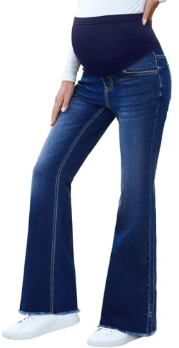 BLENCOT Maternity Denim Pants for Women Stretch Over Belly Pregnancy Jeans for Pregnant Womens Flare Bottom with Pockets Soft Comfort Fit P905 Blue 2XL