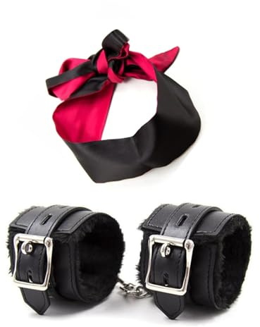 Kit Benda e Manette in Raso - Maschera Occhi Nera e Bracciale Regolabile (Nero)