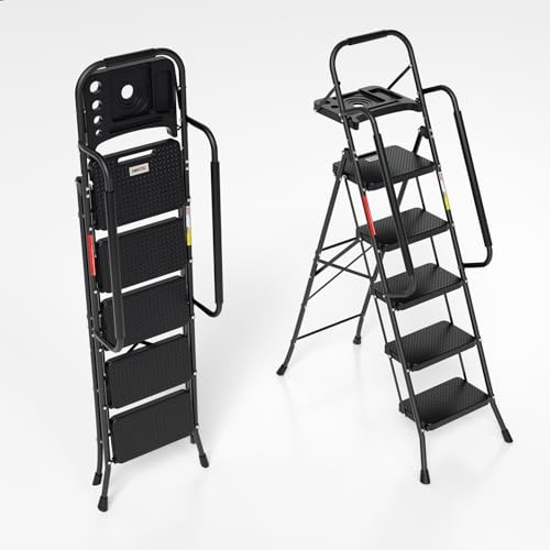 Joparri 5-stegs stegstege med ledstång och verktygshylla, vikbar hushållsstege, halkfri säkerhetsstege upp till 150 kg, svart, 52 x 108 x 167 cm