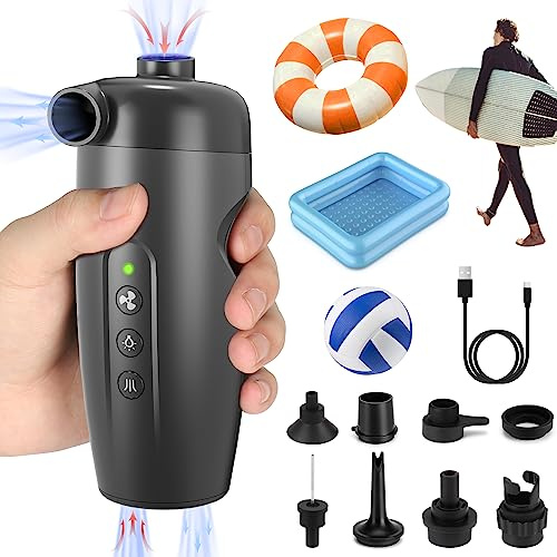 15PSI Bomba De Aire Eléctrica Portátil, Hinchador Electrico en 3000mAh Recargable, Inflar Desinflar 2 en 1, Bomba de Aire Inflador Colchon con 7 Boquillas para Barcos Hinchables, Piscinas
