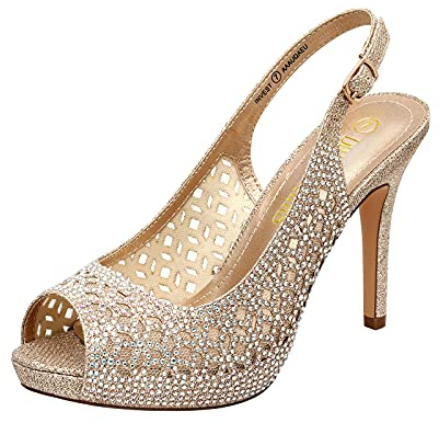 DREAM PAIRS Women's High Heels Platform Dress Rhinestones Peep Toe Pumps Shoes,Size 7,Gold/Glitter,Invest