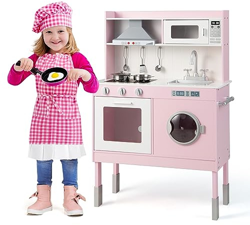 COSTWAY Cucina Giocattolo per Bambini, Cucina Legno per Bambini con Altezza Regolabile, con Forno, Microonde, Lavatrice, Accessori Adorabili Suoni e Luci Reali, per 3+ Anni