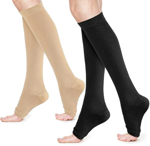2Pairs Compression Socks for Women, Open Toe Medical Compression Stockings Support Knee High Calf 15-25mmHg Flight Compression Socks for varicose veins Nurses Running Flying Sport (X/XL Black/Beige)