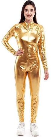Partilandia Disfraz o Mono metálico cierre frontal dorado para mujer Talla S