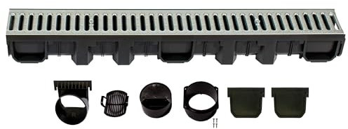 ScarMaxx - A15 Entwässerungsrinne Set - Bodenrinne - Regenwasser-Ablauf - Abfluss mit Gitter - Drainagekanal - Flach - Kunststoff - Bauhöhe 115 mm - mit Stegrost Stahl Verzinkt - 1m