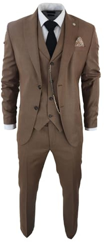 Costume Homme Classique 3 Pièces avec Chaîne de Poche Coupe Ajustée Style Vintage Parfait pour Mariage - Marron 48