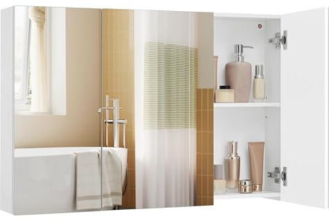 VASAGLE Spiegelschrank, Badezimmerschrank, Aufbewahrungsschrank mit 3 Türen, fürs Badezimmer, 15 x 90 x 60 cm, mit verstellbaren Regalebenen, modern, weiß BBK032W01